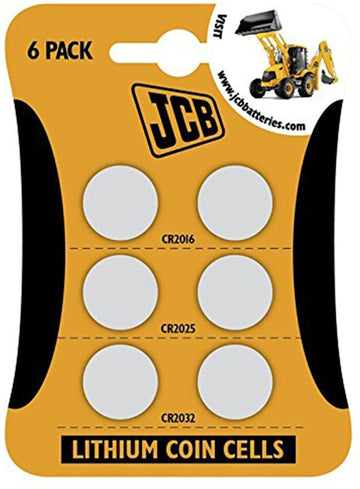 JCB, Lithium Coin Cell Batteries - 2x CR2016, 2x CR2025, 2x CR2032 (Pack of 6)