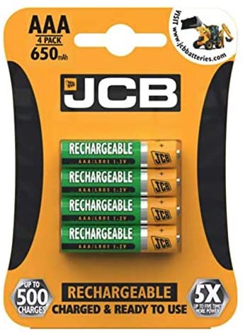 JCB AAA Rechargeable Batteries 650mAh - 4 Pack Pre-Charged Ni-MH Batteries Suitable for Cordless Phones, Panasonic, Philips, Siemens, Binatone, BT, iDect etc