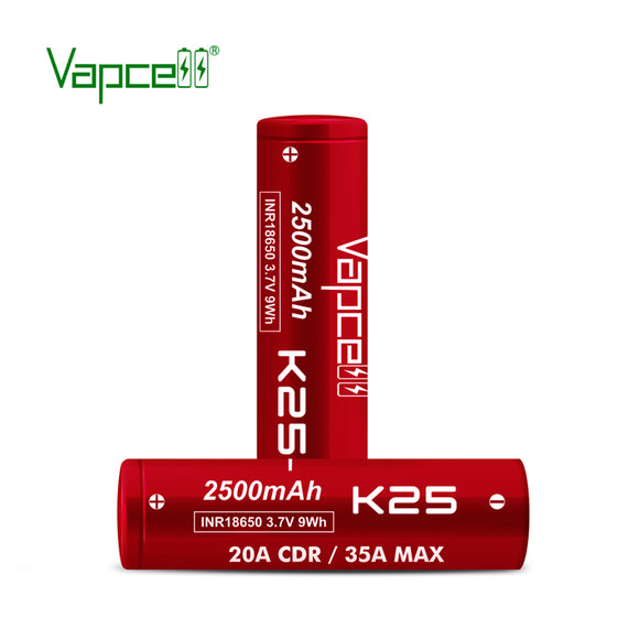 2 x 18650 Vape Batteries 2500 MAH (20 Amp) by Vapecell K25 Battery model for SMOK Kits